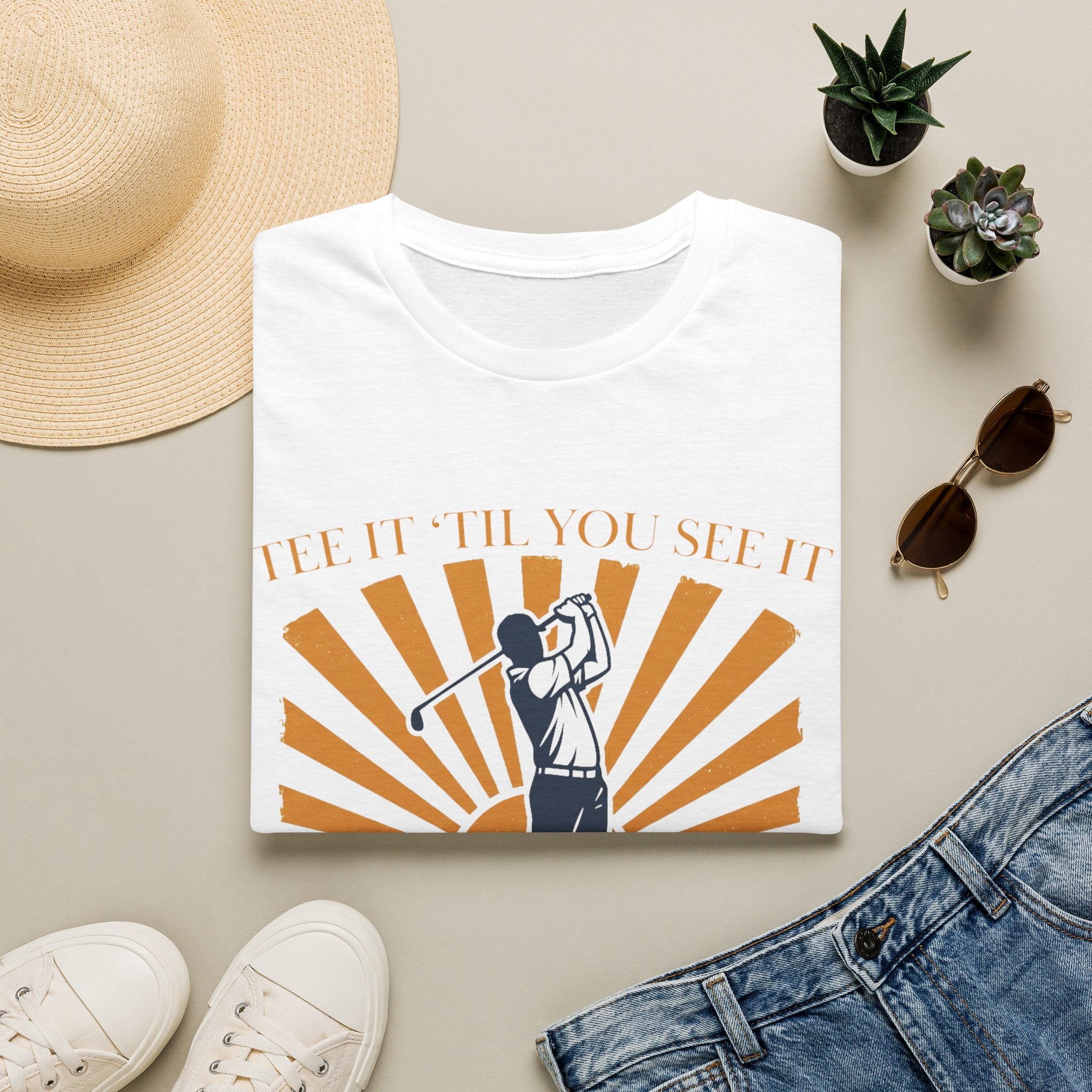 Golf T‑Shirt — "Tee It Till You Seet" Sunrise Golfer Graphic
